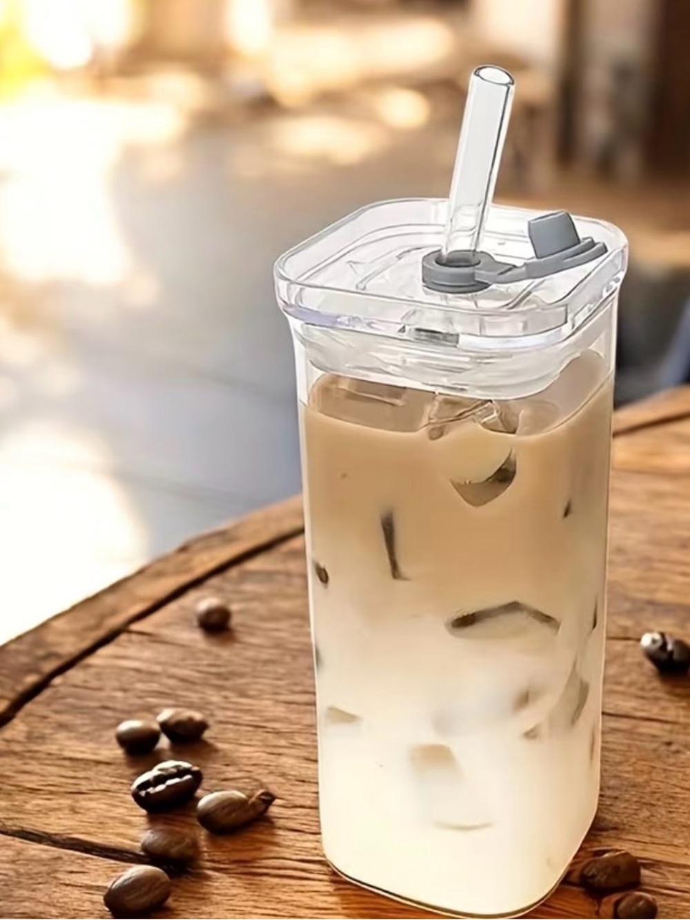 Glass Square Travel Tumbler with Straw - White